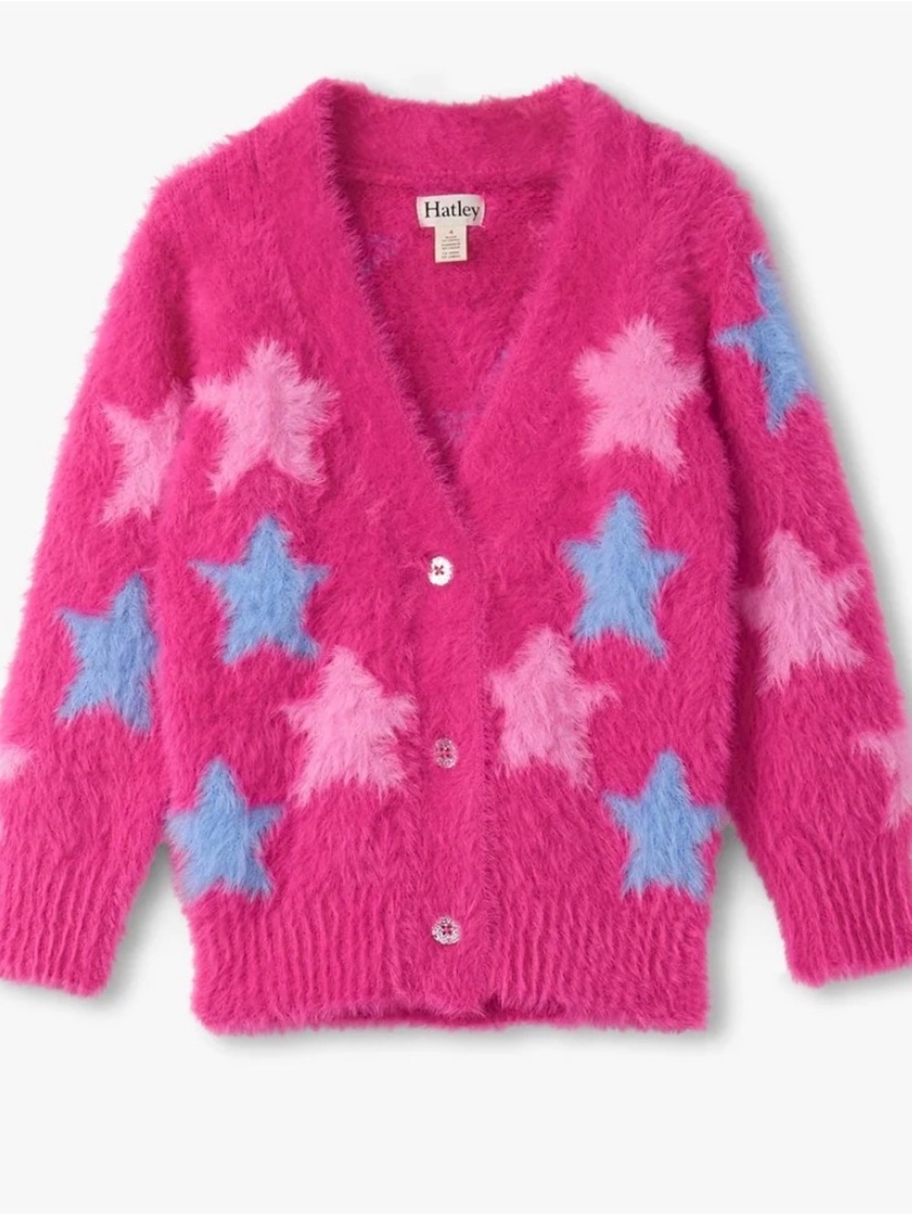 Hatley Fuzzy Star Cardigan in Hot Pink with Blue & Light Pink Stars 6